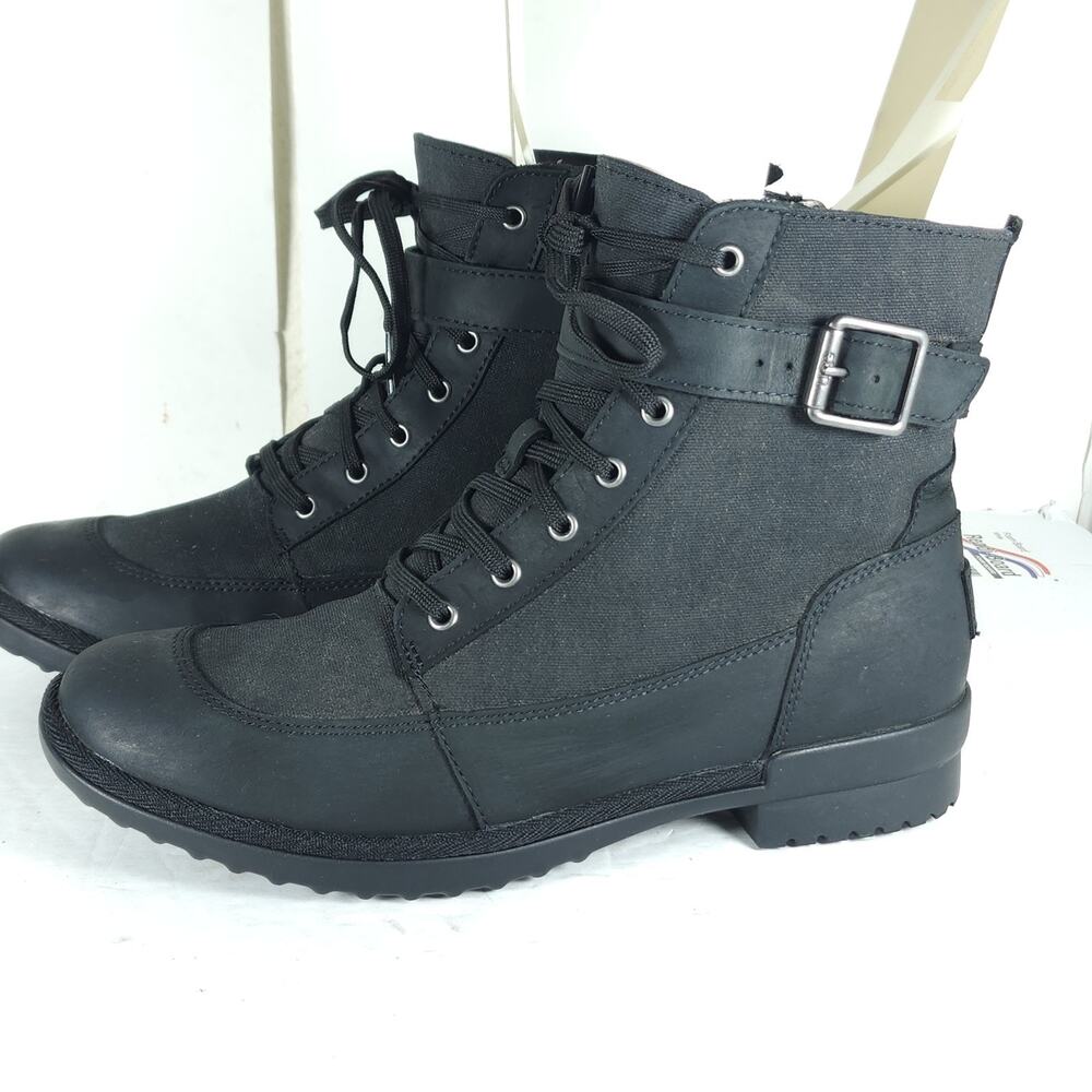 UGG Women's Tulane US7 Black Leather Canvas Waterproof Wool Lined Ankle Boots - Picture 2 of 16